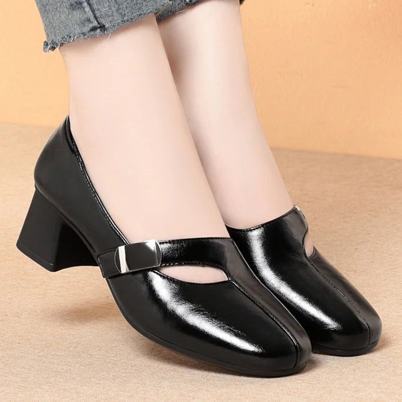 Zapatos Mary Jane vintage de 5 cm, transpirables, cómodos, de boca baja, de piel suave, para mujer, primavera 2025, tacones de bloque medianos para oficina, mamá