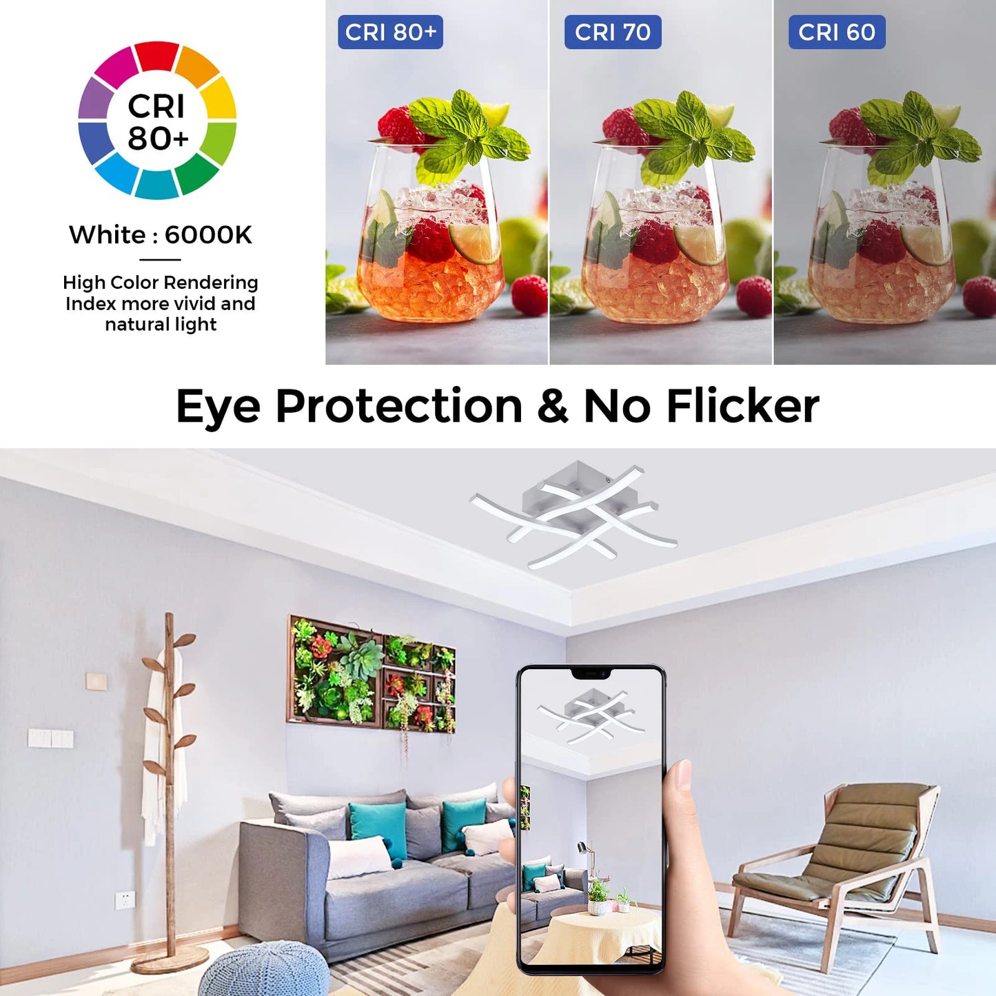 Lámpara de techo LED moderna para sala de estar, restaurante, luz variable de 3 colores, dormitorio, balcón, 24 W, diseño curvo