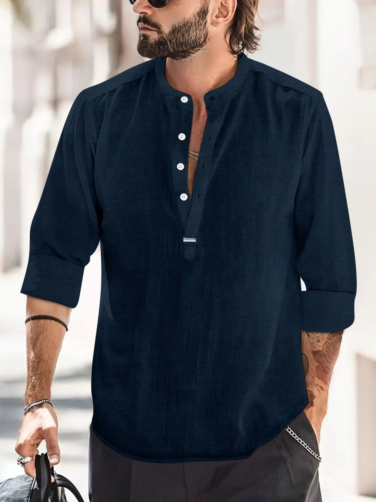 Camisas nuevas de algodón y lino para hombre, camisas casuales, de color liso, ligeras, de manga larga, estilo Henley, playeras, camisetas hawaianas para hombre.