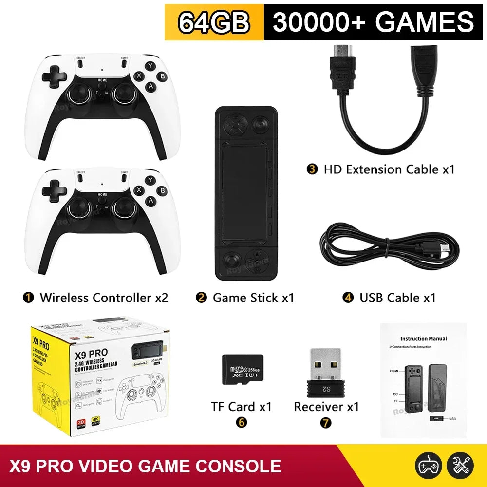 Consola de videojuegos X9 PRO GameStick 4K HD para TV, 128 GB, 256 GB, juegos 3D para PSP/PS1/N64/NDS, más de 40 simuladores, juegos retro, controlador dual de 2,4 GB