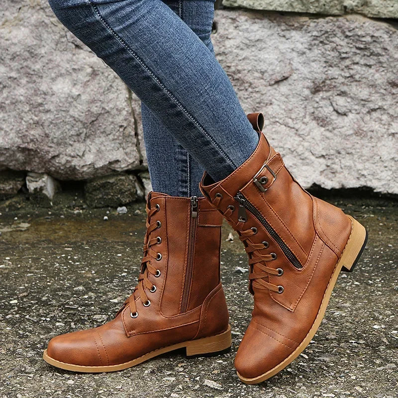 Botines de tacón cuadrado para mujer, botas de trabajo cortas de piel sintética para otoño e invierno, botas elásticas con cordones de talla grande para mujer 2024