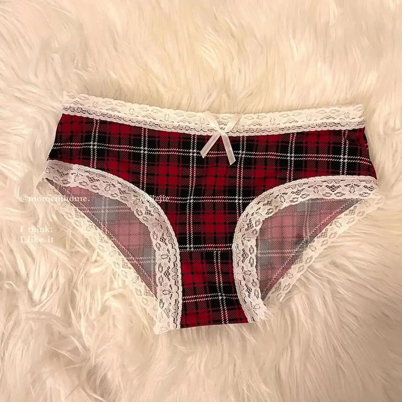 Ropa interior de seda helada a cuadros de cintura baja para mujer, con borde de encaje dulce, pantalones triangulares a cuadros rojos de chica americana retro