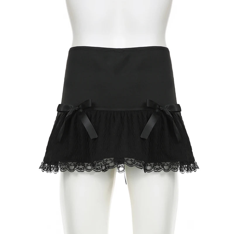 Minifalda Darlingaga gótica Y2K con ribete de encaje, estilo Harajuku, vintage, con lazo, estilo academia oscura, sexy, estilo grunge, estilo acampanado
