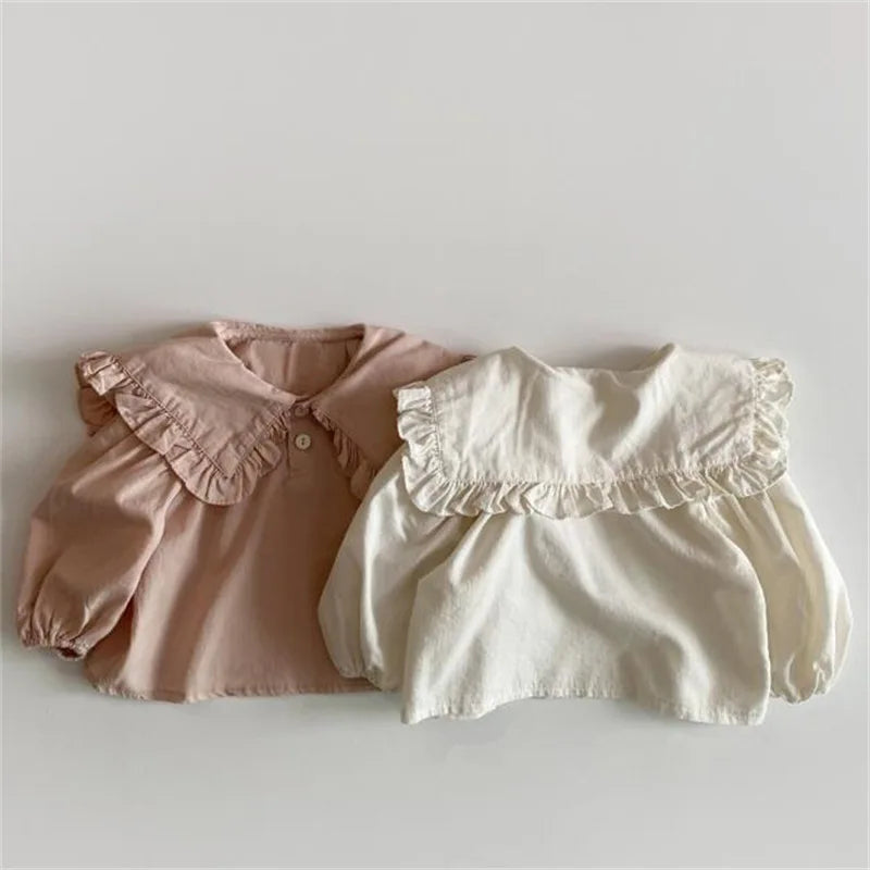 Ropa infantil, moda coreana de primavera 2025, nueva blusa para niñas, camisa informal con solapa de encaje