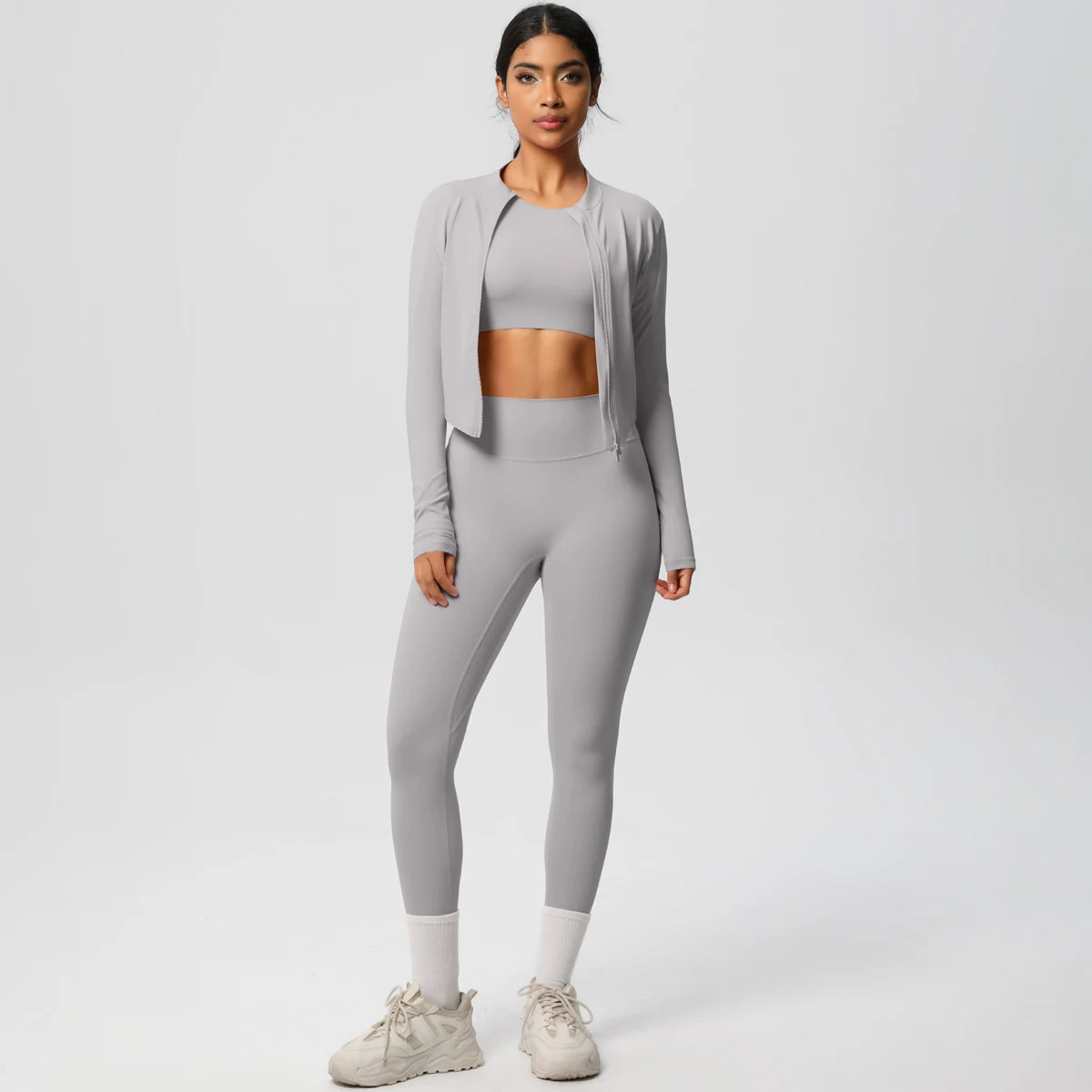 Conjunto de leggings de yoga, top deportivo con cremallera y manga larga, transpirable, para correr al aire libre, pantalones de yoga ajustados e informales, ropa de fitness