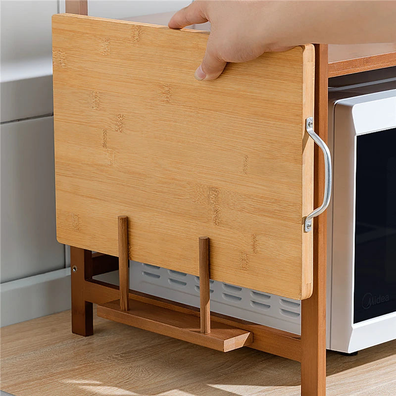 Estante de almacenamiento para horno microondas de cocina, 1 capa de bambú, ajustable, organizador de encimeras, gancho para colgar, soporte para tabla de cortar