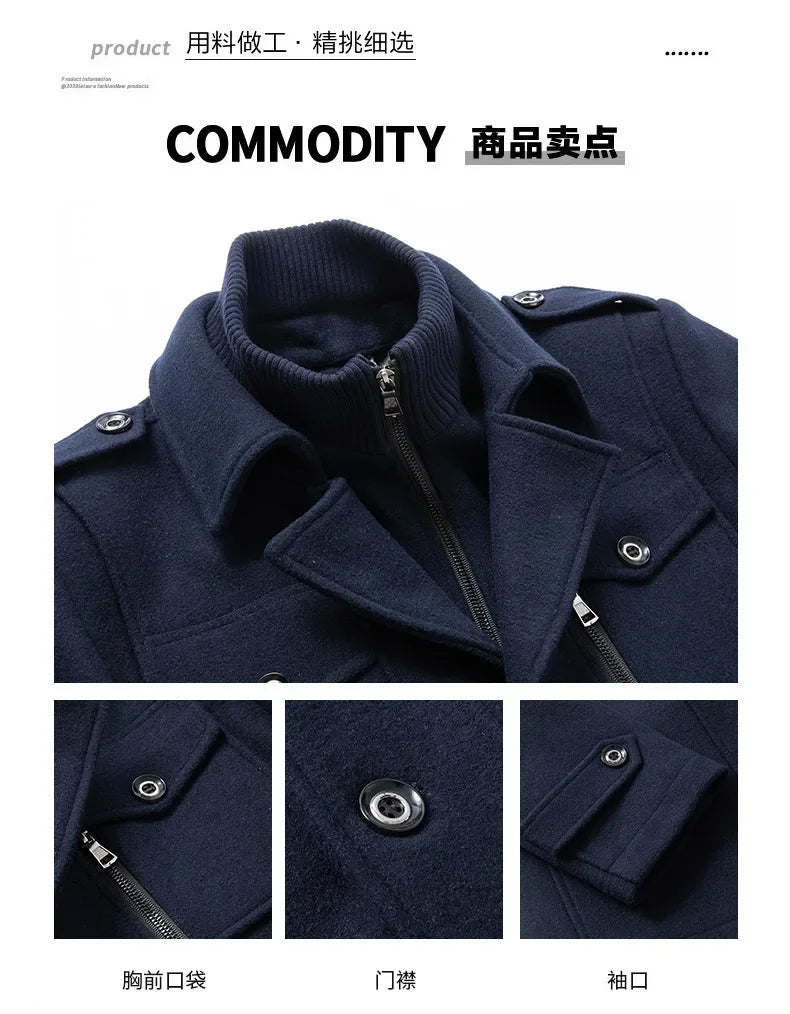 Thickening Warm Wool Coat High Quality Design Wool Coats Men's Wool Blend Winter Double Collar Wool Blend Men Solid Color