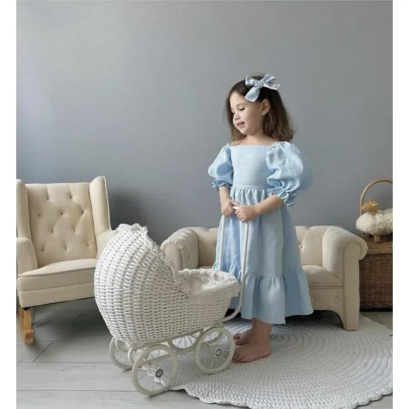 Vestido de verano para niñas, de algodón y lino, con espalda ajustada y mangas abullonadas, estilo princesa, sencillo y dulce, 2023