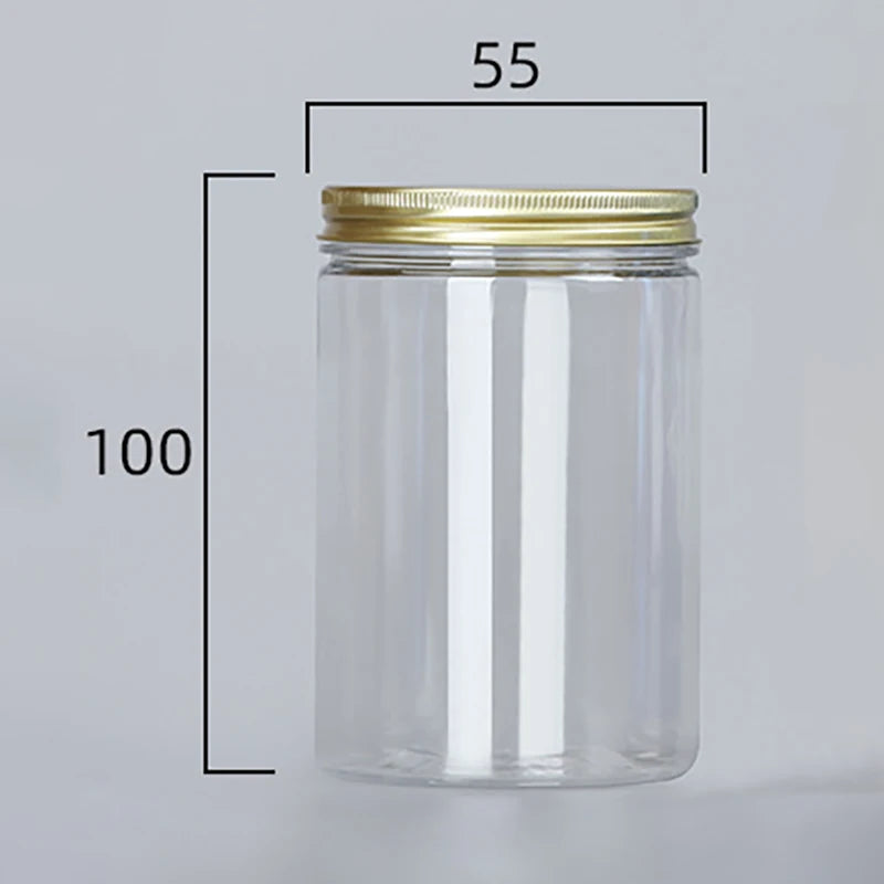 Frasco de plástico transparente de 15 tamaños con tapas de aluminio rosa, contenedor vacío para crema facial, contenedor de cosméticos, botellas rellenables de viaje doradas.