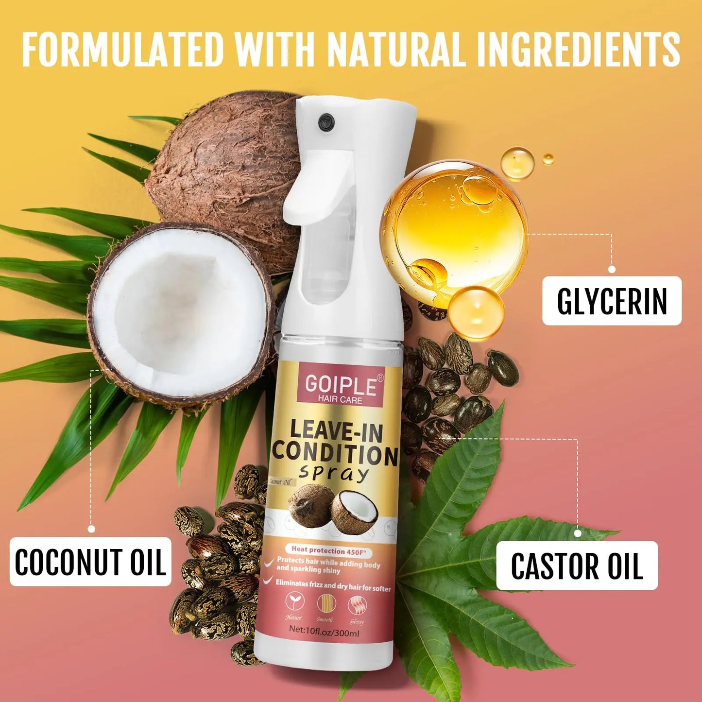 Acondicionador en spray sin enjuague de coco de 300 ml para cabello rizado, alisador, antiencrespamiento, suavizante, protector para cabello dañado por el calor.