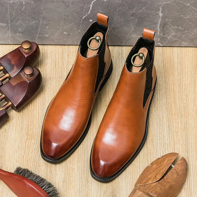 Botas Chelsea para hombre, de PU, lisas, hasta el tobillo, de caña alta, tacón bajo, con banda elástica tallada, botas formales de trabajo para negocios, tallas grandes 38-46