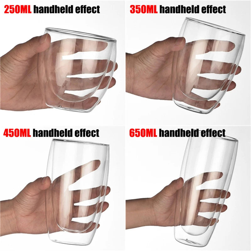 1-6 tazas de té de vidrio de doble pared transparente, hechas a mano, resistentes al calor, para bebidas saludables, café, leche, vasos de chupito aislados, regalo, 80-650 ml