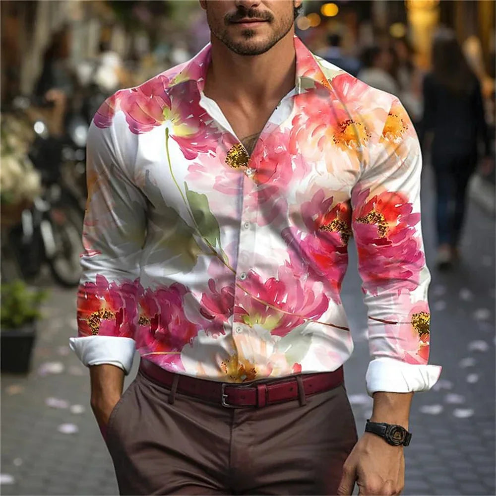Camisa informal con estampado de hojas en 3D para hombre, nueva, para uso diario, con solapa de primavera, manga larga, abotonada, tallas S a 6XL, 2024