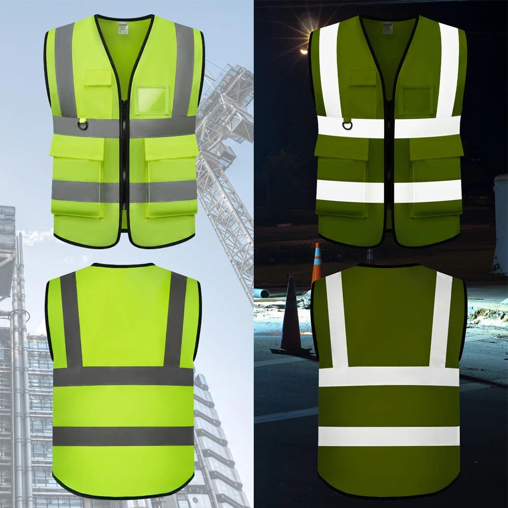 Chaleco de seguridad con logotipo personalizado para hombre y mujer, de alta visibilidad, con bolsillo y cremallera, para trabajo de construcción.