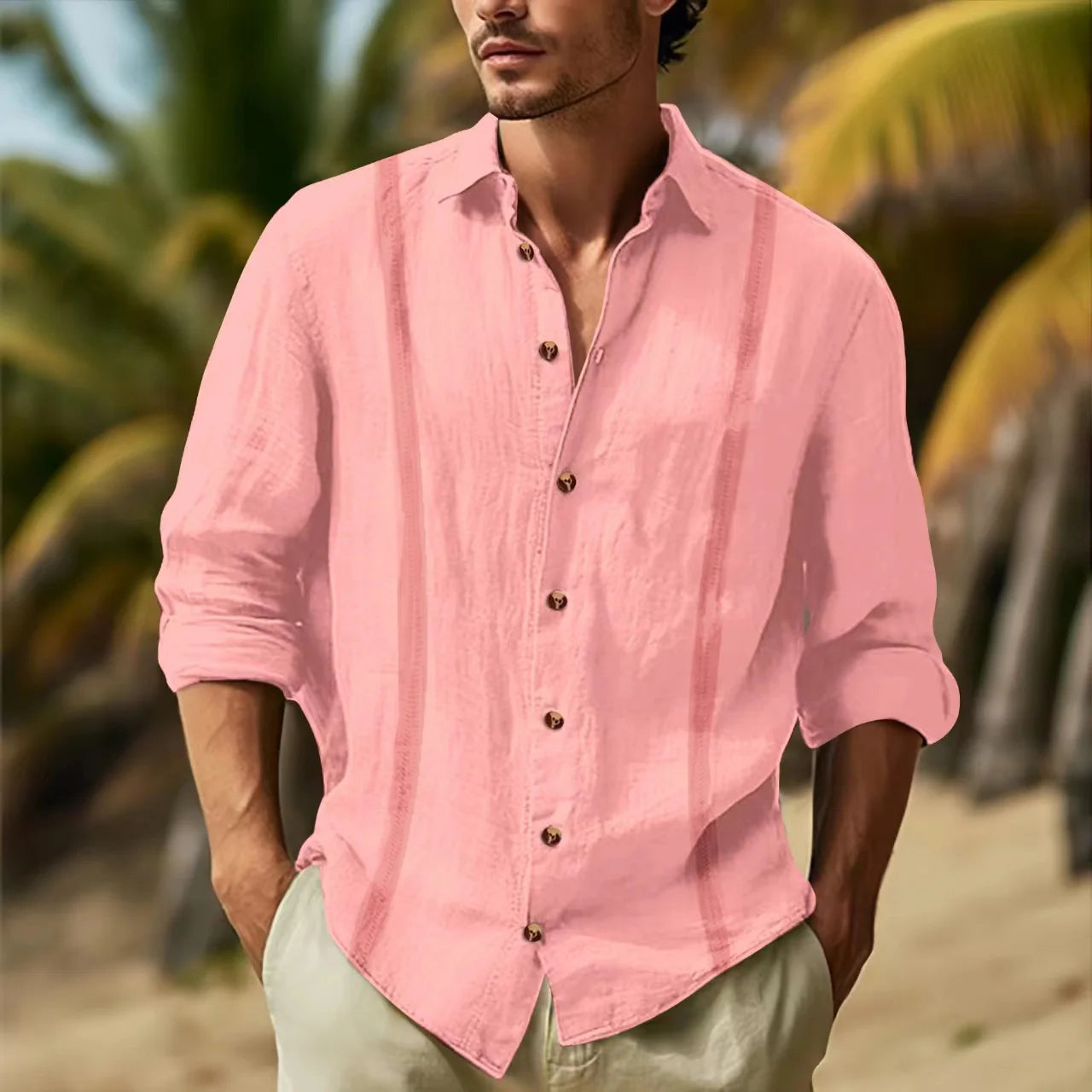 Camisa informal de algodón y cáñamo Cuba Guayabella de color sólido con solapa de manga larga y doble cinta para hombre, primavera y otoño de 2024