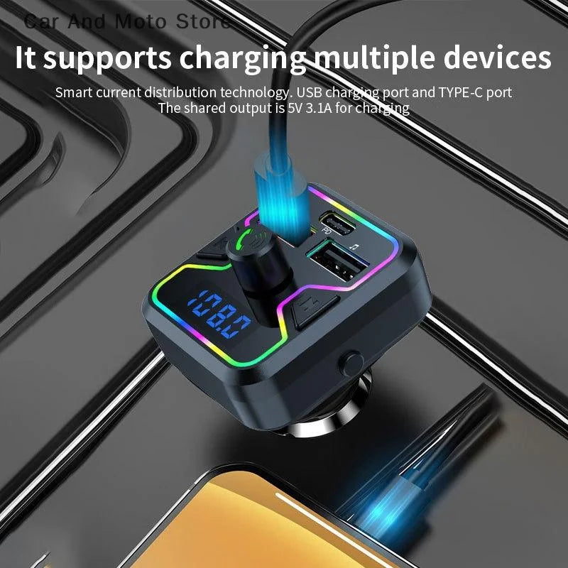 Transmisor FM Bluetooth 5.3, receptor inalámbrico, reproductor MP3, cargador de coche, carga rápida USB PD, adaptador de kit manos libres para coche