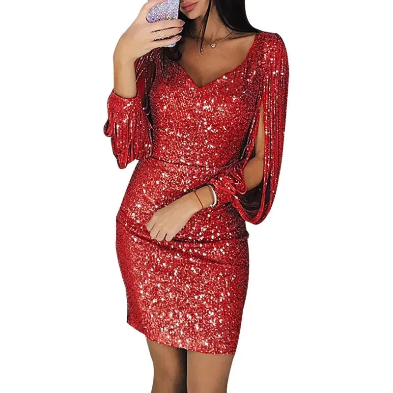 Vestido adelgazante de manga larga con flecos y escote en V con diamantes de imitación, el más vendido de Amazon Wish en 2019, para niñas, juvenil y elegante.