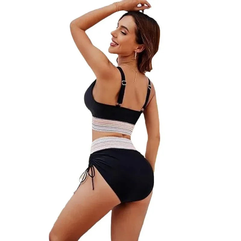 Conjunto de bikini de cintura alta con cinturón de tejido de color puro sexy para mujer, traje de baño de estilo ruso, ropa de playa de moda para mujer