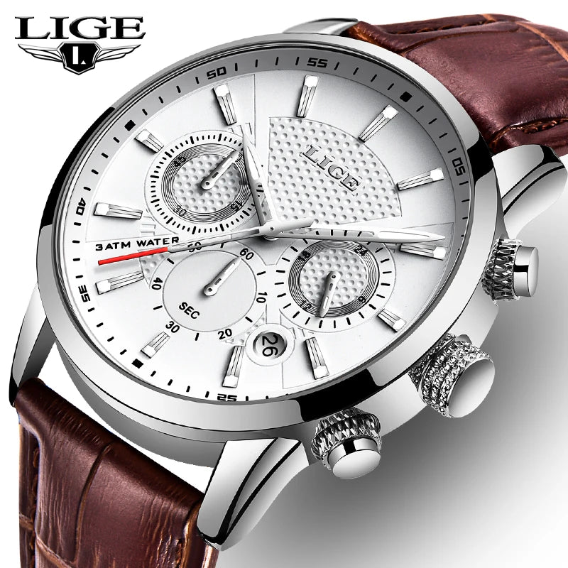 LIGE 2024 Reloj de lujo para hombre, reloj de cuarzo informal de negocios, reloj de pulsera de cuero a la moda para hombre, reloj impermeable para hombre