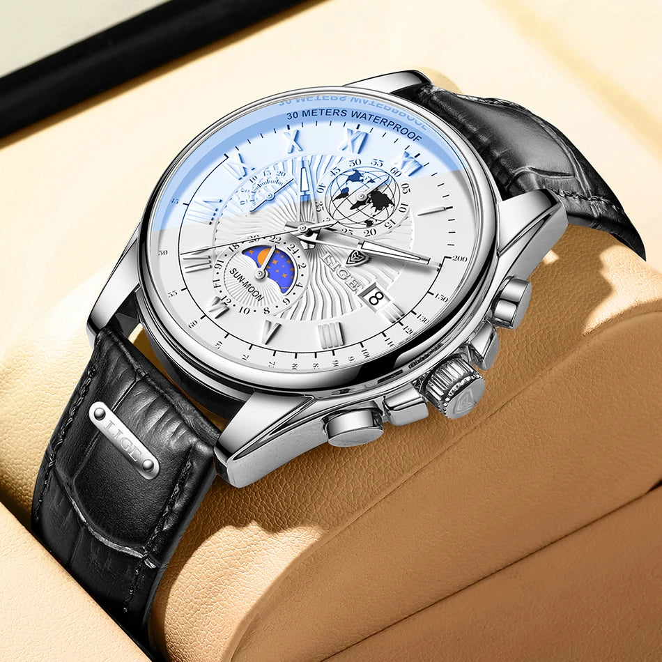 LIGE 2024 - Nuevo reloj de cuero azul para hombre, marca de lujo, resistente al agua, deportivo, con fecha, de cuarzo, Masculino
