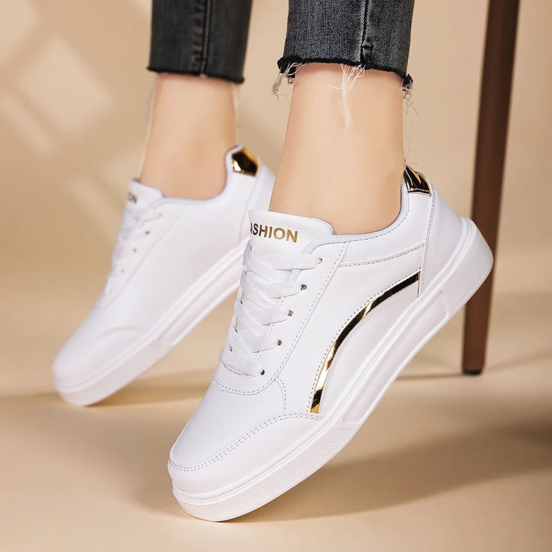 Zapatos blancos planos para mujer, informales, con cordones, de piel sintética, suela gruesa, de lujo, para exteriores