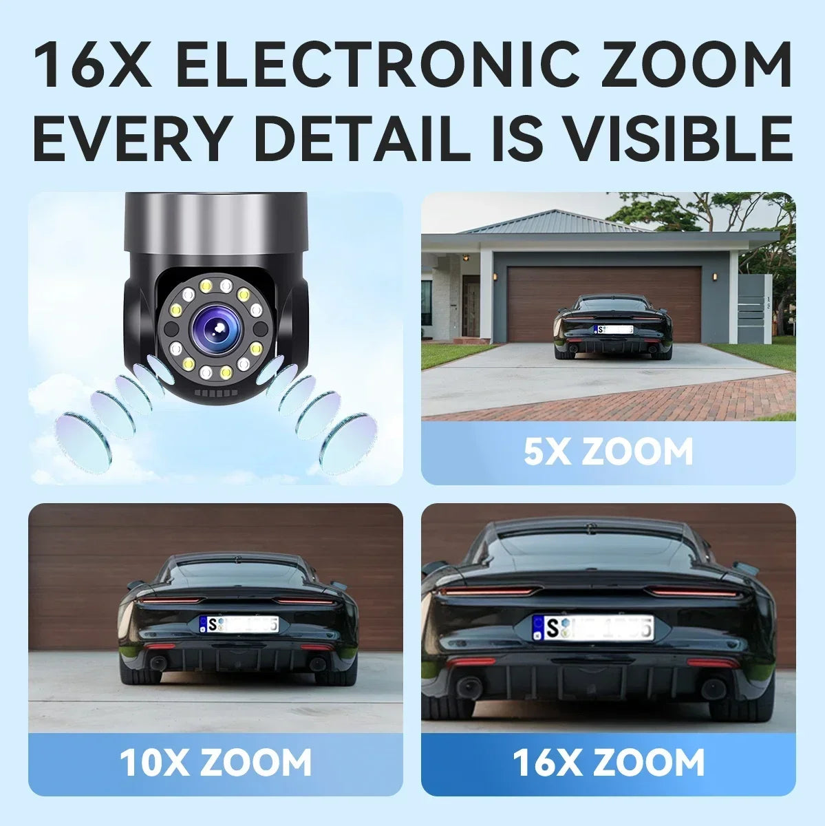 Cámara de seguridad para el hogar 10K 20MP para exteriores con WiFi, 4 lentes, 4 pantallas, zoom 360° 16X, CCTV, vigilancia inalámbrica, PTZ, protección de seguridad