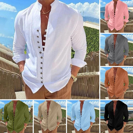 Camisas casuales vintage para hombre, de algodón y lino, de manga larga, con solapa y botones, de color liso, para vacaciones