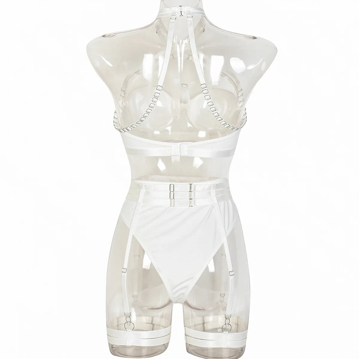 Conjunto de lencería sexy para mujer, con panel de encaje, escote en V profundo, glúteos abiertos, tirantes con forma de corazón de melocotón, cadena cruzada, liguero, ropa interior de tres piezas