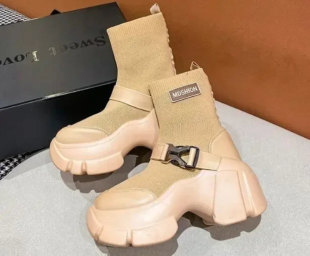 Botines de plataforma alta de 8 cm para mujer, botas cortas con suela gruesa y suela gruesa, antideslizantes, para motocicleta, para otoño