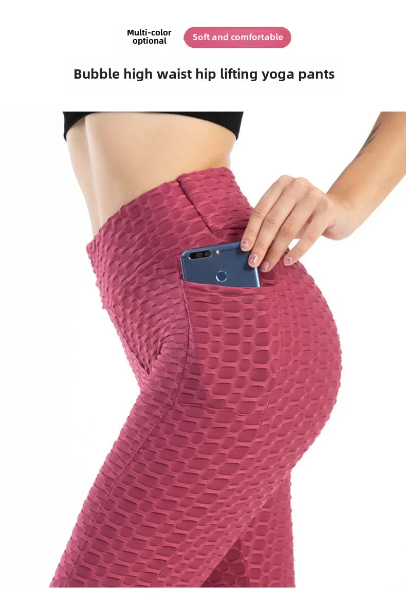 Leggings de cintura alta con efecto push-up de Amazon Europa, material de nylon, estampado jacquard, pantalones deportivos con bolsillo para mujer.