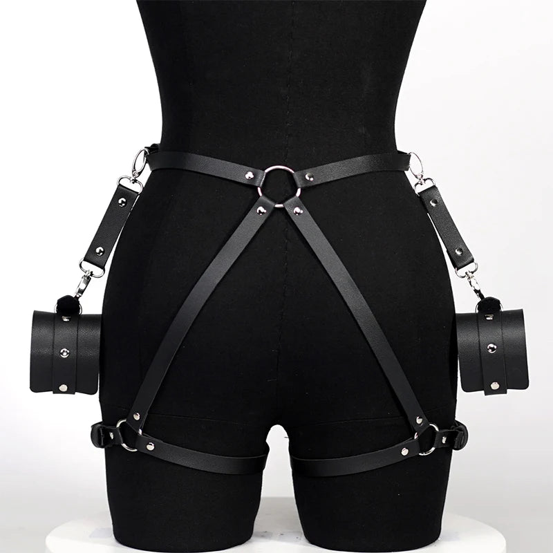 Liga de cuero BDSM, lencería gótica para rave, disfraz de adulto, vendaje, lencería de PU con trabillas para las piernas, ropa interior de talla grande con esposas