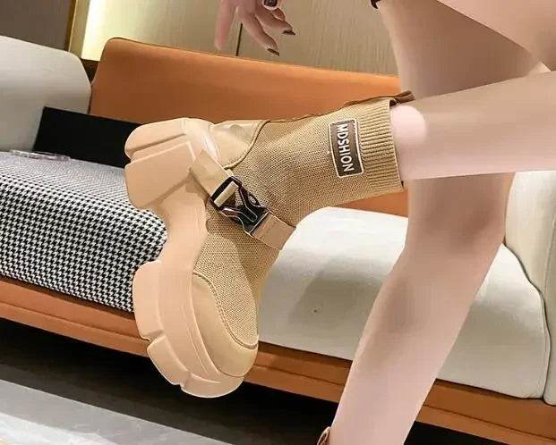 Botines de plataforma alta de 8 cm para mujer, botas cortas con suela gruesa y suela gruesa, antideslizantes, para motocicleta, para otoño