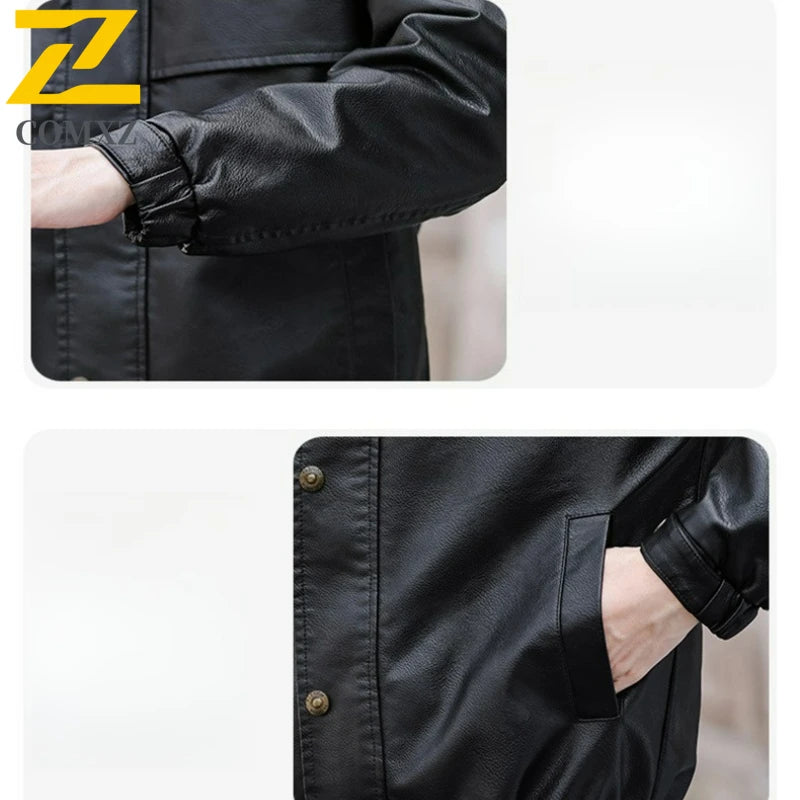 Chaqueta de piel sintética para hombre, otoño 2025, moderna, con cuello alto de forro polar, de piel sintética, resistente al viento, para motocicleta, ropa de abrigo.