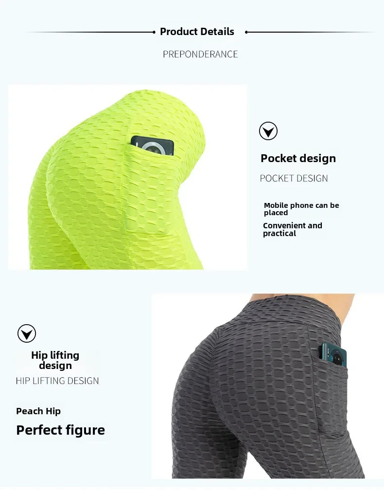 Leggings de cintura alta con efecto push-up de Amazon Europa, material de nylon, estampado jacquard, pantalones deportivos con bolsillo para mujer.