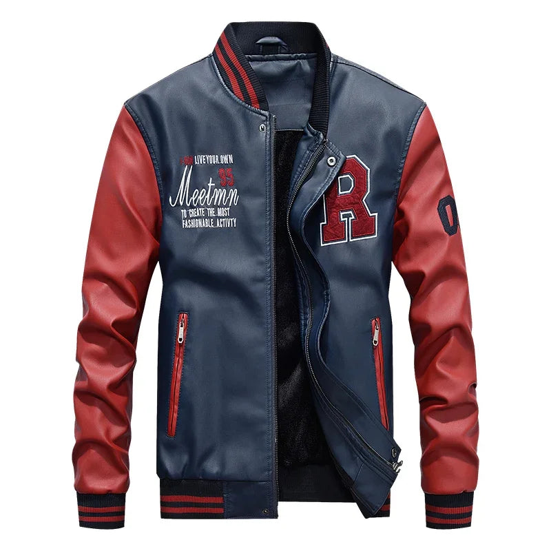Chaquetas de cuero de béisbol delgadas de motocicleta de moda 2025 para hombre, chaqueta de cuero cálida de otoño e invierno, chaqueta de cuero de vellón de vuelo para hombre C