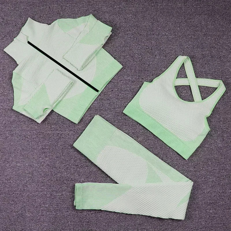 Conjunto de 3 piezas de yoga sin costuras, chaleco deportivo de fitness, pantalones de cintura alta que levantan la cadera, ropa de entrenamiento, conjunto de leggings de gimnasio para mujer