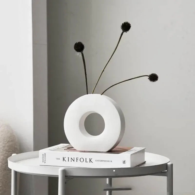 Jarrón nórdico para decoración del hogar, jarrón de donut de lujo, decoración para sala de estar, jarrón de flores simple, decoración de centro de mesa mate