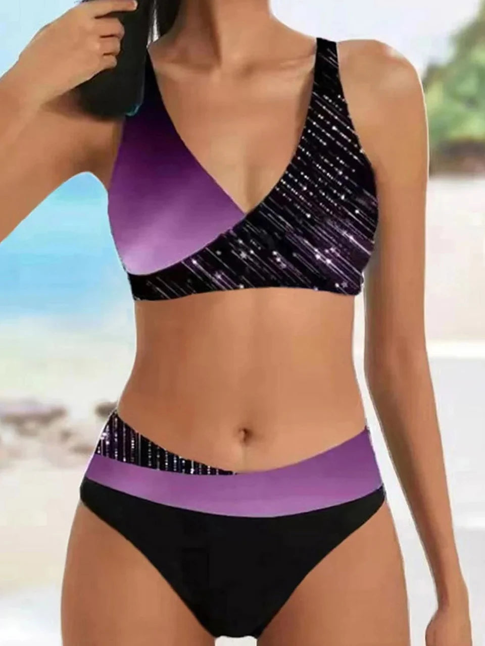 Conjunto de bikini con cuello en V 2024 para mujer, traje de baño de verano con estampado de rayas y patchwork, ropa de playa, traje de baño para mujer, talla 2XL