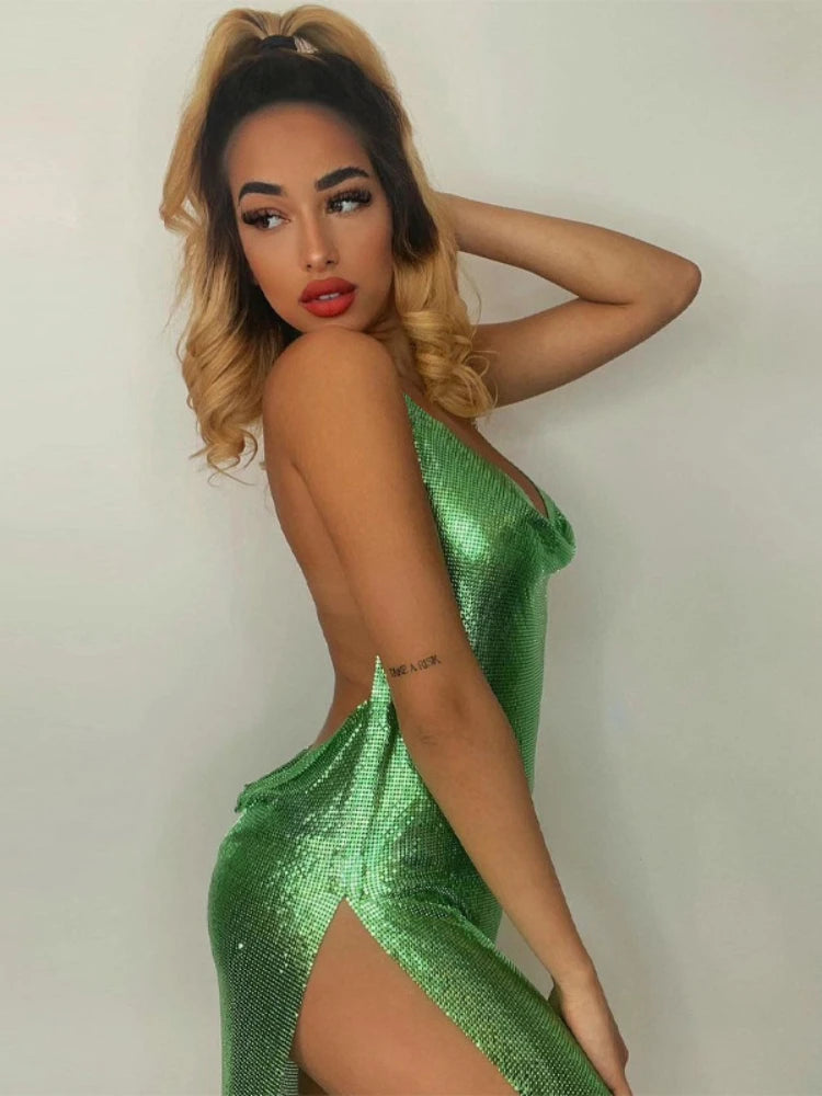 Vestido corto elegante y sexy para mujer, con cuello colgante, espalda descubierta, lentejuelas en el pecho, para fiesta y baile.