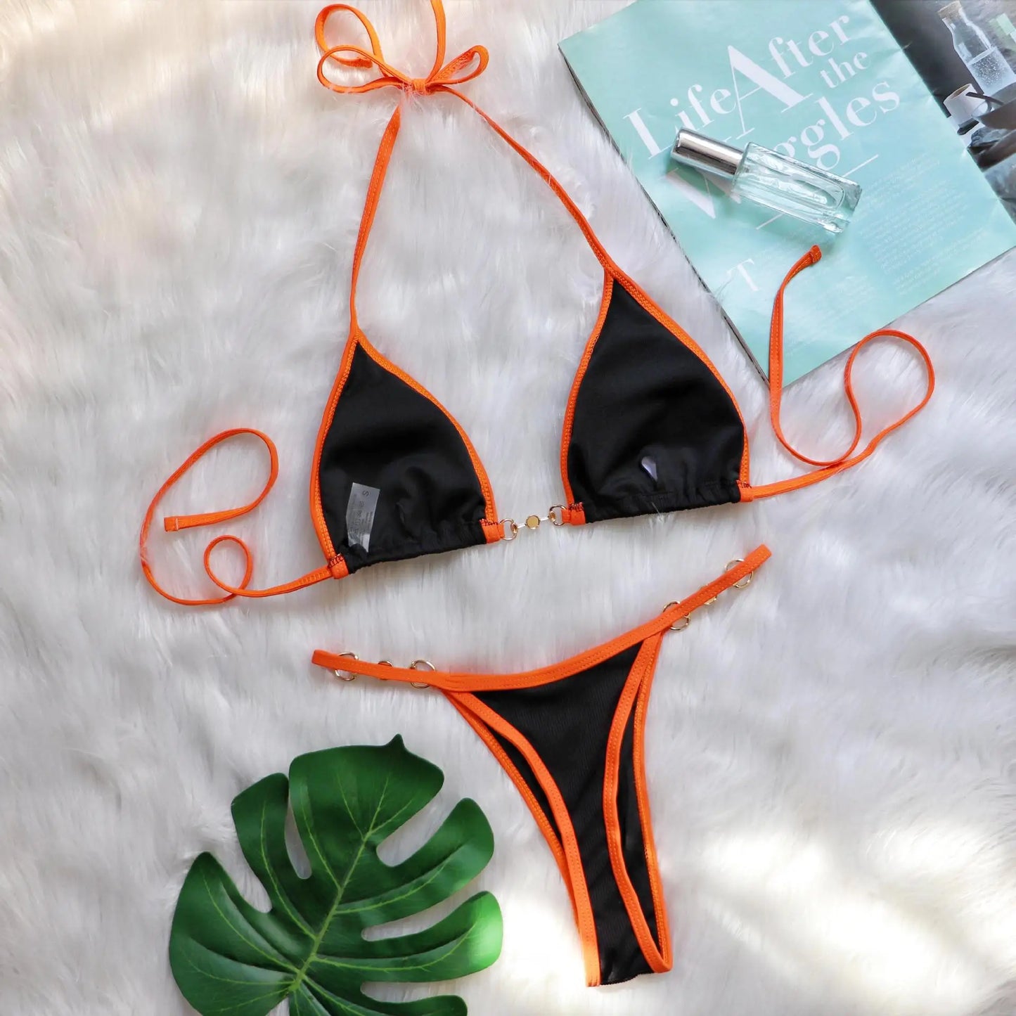Bikini sexy con cuello halter y perlas para mujer, traje de baño femenino de dos piezas con ribete acanalado