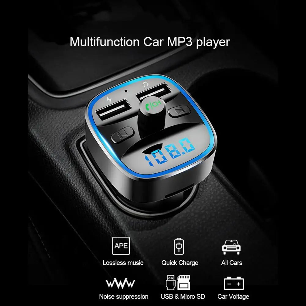 Práctico transmisor FM portátil para coche con Bluetooth 5.0, reproductor MP3, textura clásica multifuncional, doble USB