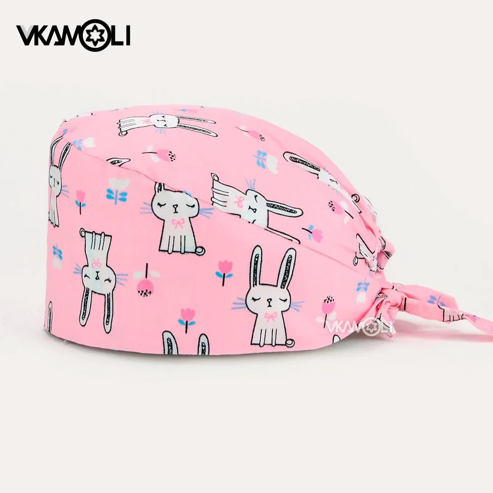 Gorro quirúrgico de algodón con estampado de dibujos animados multicolor para peluquería de mascotas, ajustable, para salón de belleza, enfermería, médico y enfermera.