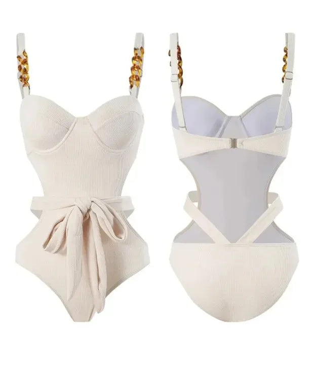 Sexy Fashion Swimsuit One Piece Black and Beige Underwire Bikinis with Waist Tie Hollow Bodysuits Bikinis Padded Swimwear