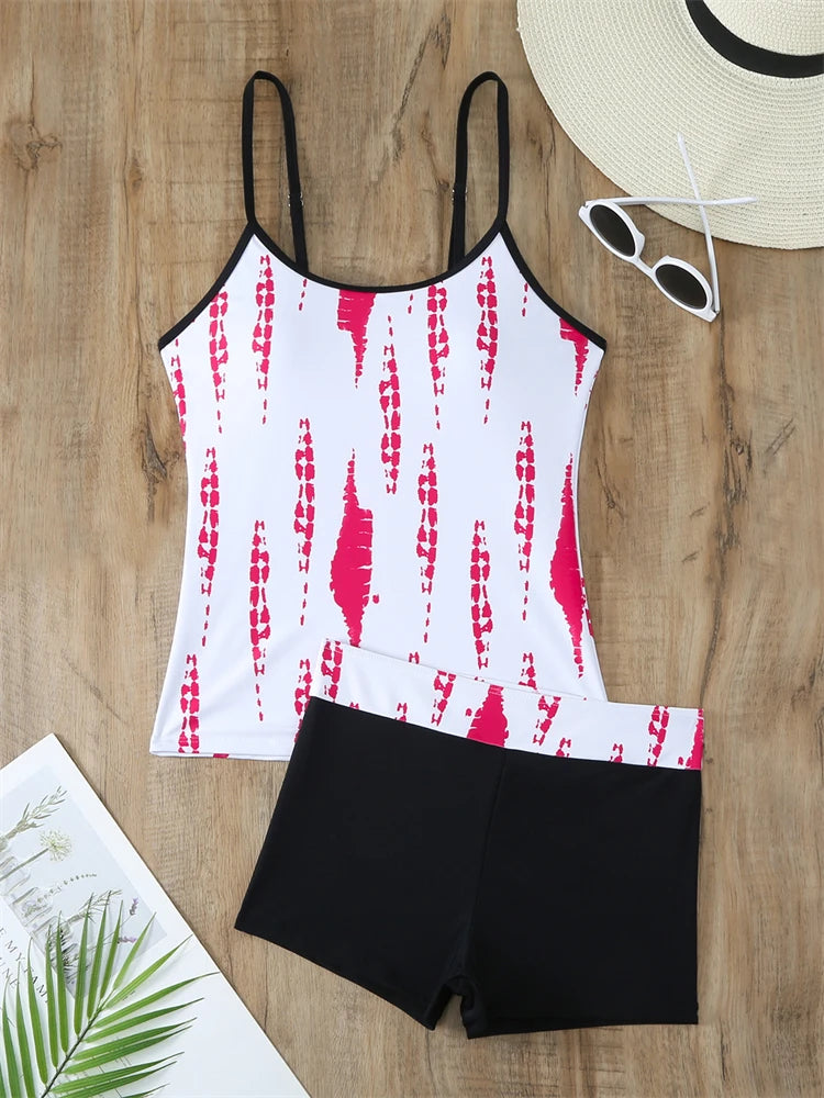 Traje de baño de dos piezas para mujer 2025, nuevo traje de baño liso con estampado de tirantes, tankini de verano, pantalones cortos tipo bóxer de cintura alta, traje de baño de playa para mujer
