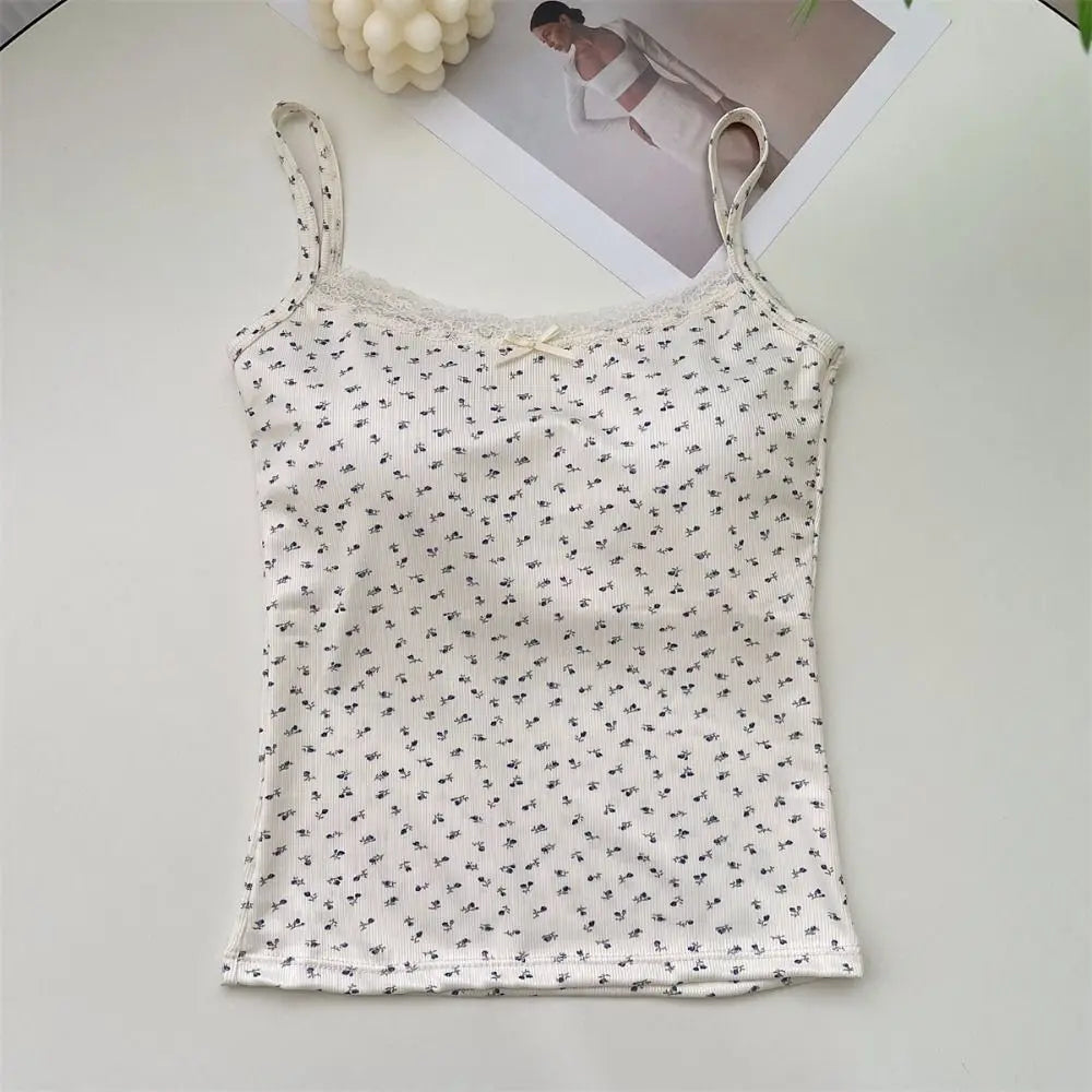 Camisola elegante con estampado floral de encaje 2024 Y2K, chaleco sexy ajustado, tops florales, talla única, camisetas sin mangas florales, primavera