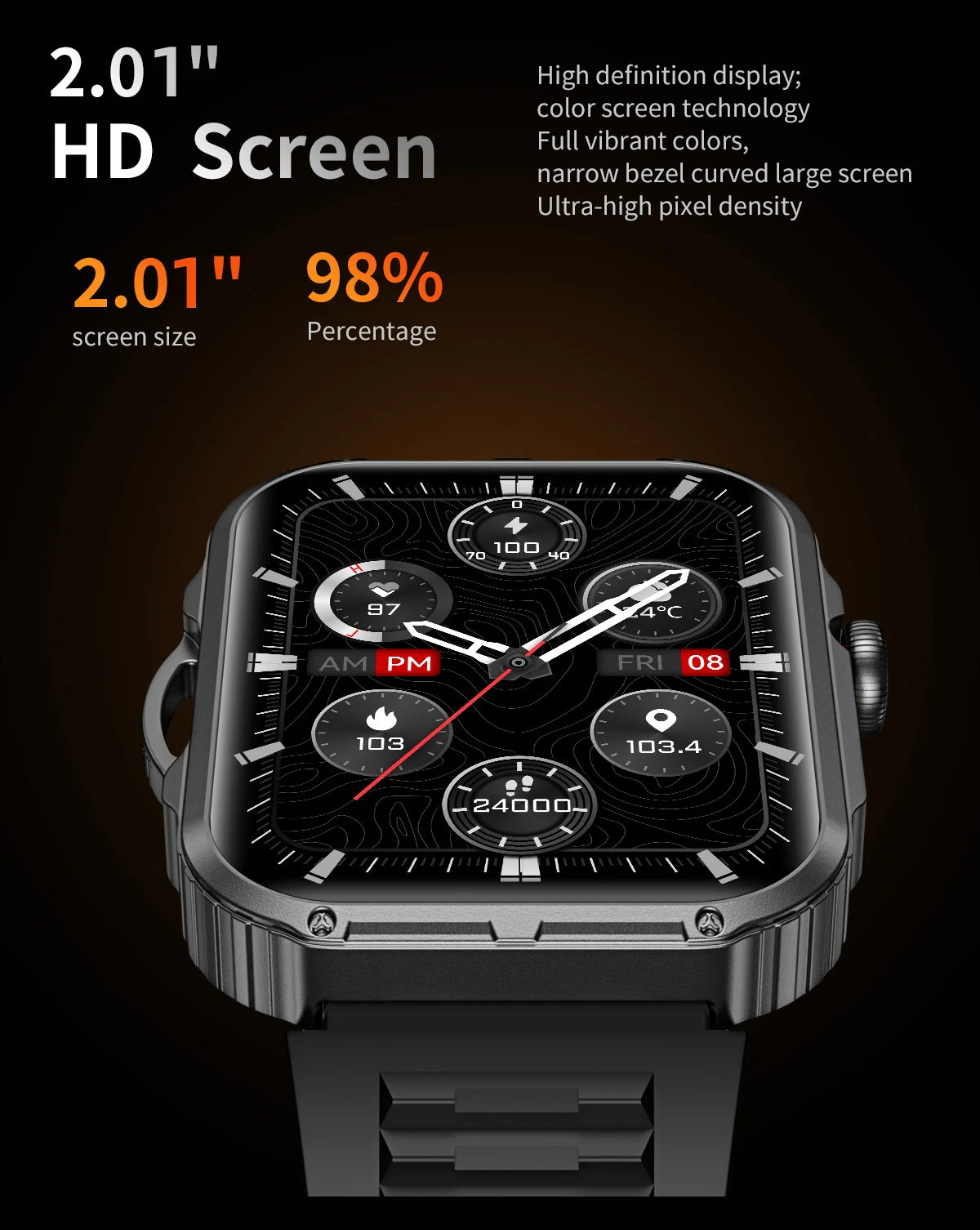 Reloj inteligente de 2,01 pulgadas para hombre y mujer, con linterna LED, control del ritmo cardíaco, para deportes al aire libre y fitness, resistente al agua