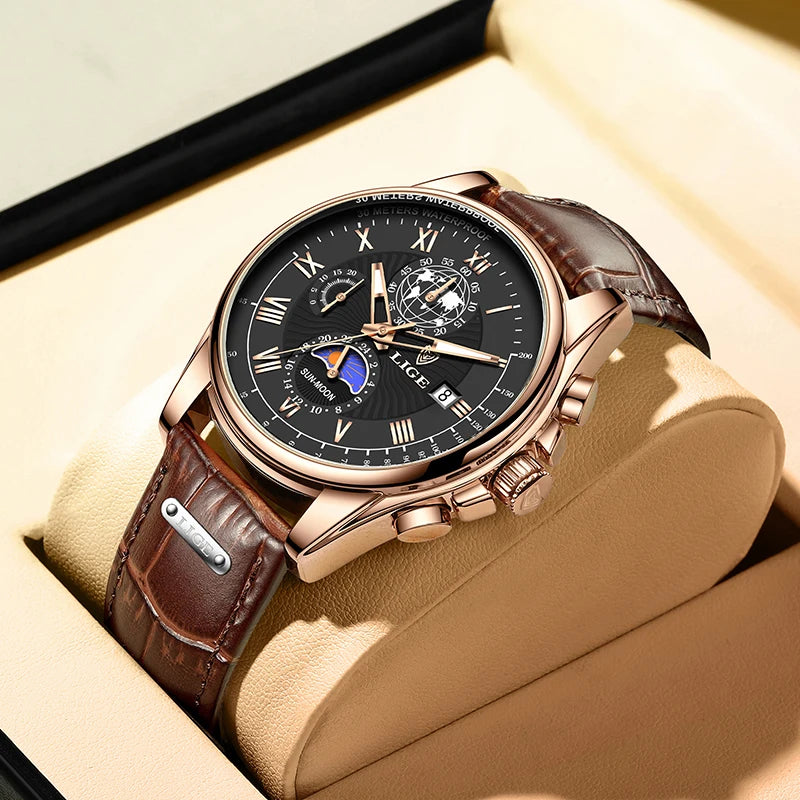 LIGE 2024 - Nuevo reloj de cuero azul para hombre, marca de lujo, resistente al agua, deportivo, con fecha, de cuarzo, Masculino