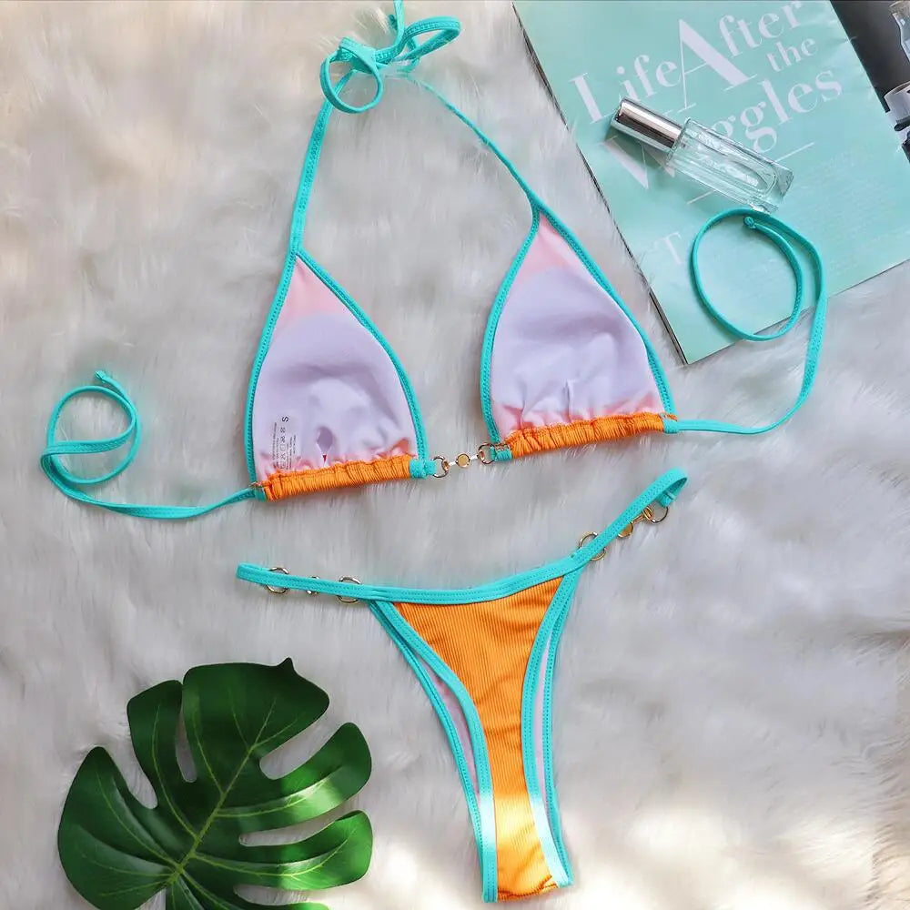 Bikini sexy con cuello halter y perlas para mujer, traje de baño femenino de dos piezas con ribete acanalado