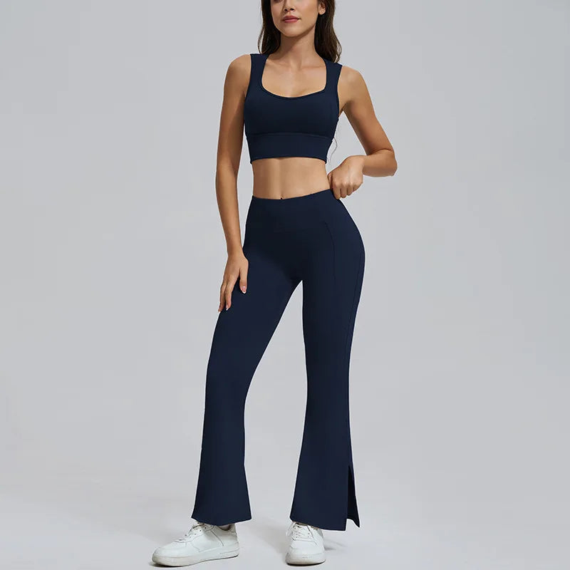 Conjuntos de yoga para mujer, sujetador deportivo con espalda hueca y amortiguación, leggings de cintura alta y acampanados, ropa de gimnasio, ropa para correr y entrenar.