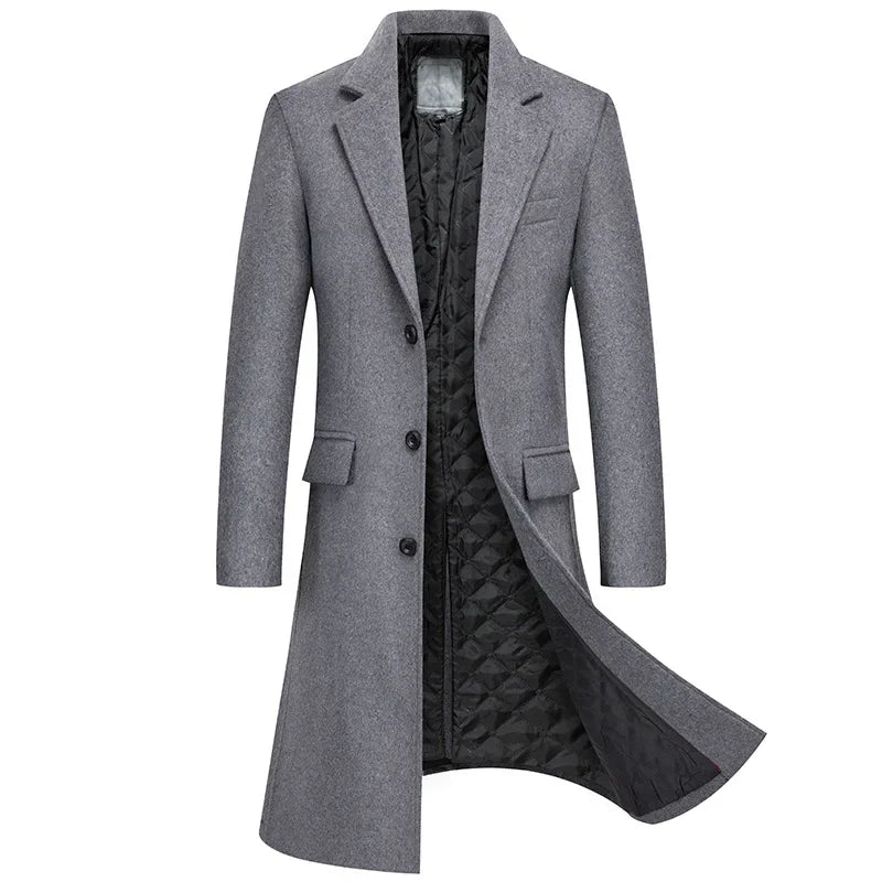 Black Men Wool Long Trench Coat Stylish Single Breasted Quilted Lined Wool Blend Pea Coats Men Winter Cashmere Coat Windbreaker